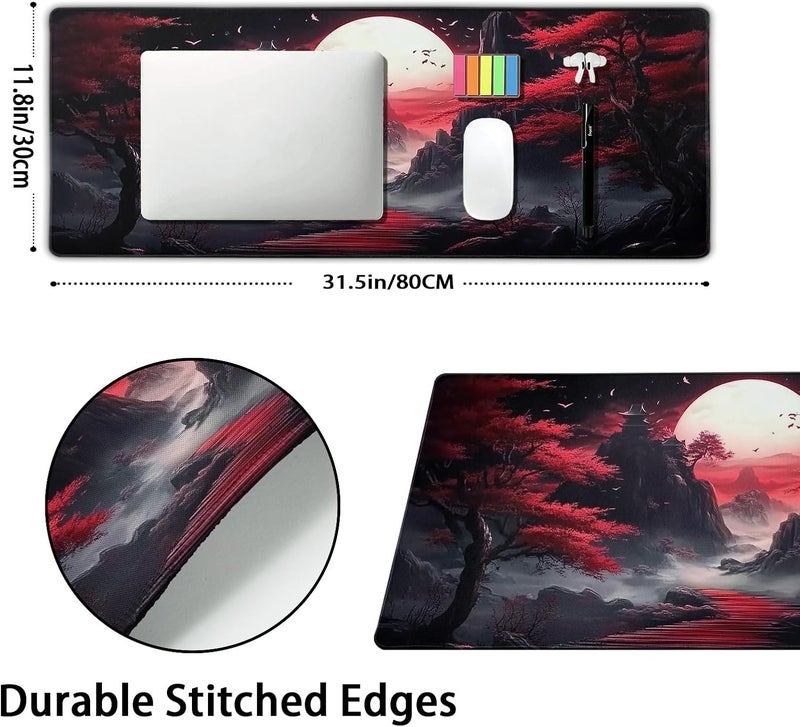 aportt Black Red Japanese Mouse Pad XL Moon Sakura Cherry BLoosm Tree Extended Table Mat 80X30 cm Non-Slip Rubber Base Stitched Edge Large XL Mousepad for Desk Gaming Laptop Desk Top,31.5×11.8 Inch - Image 2