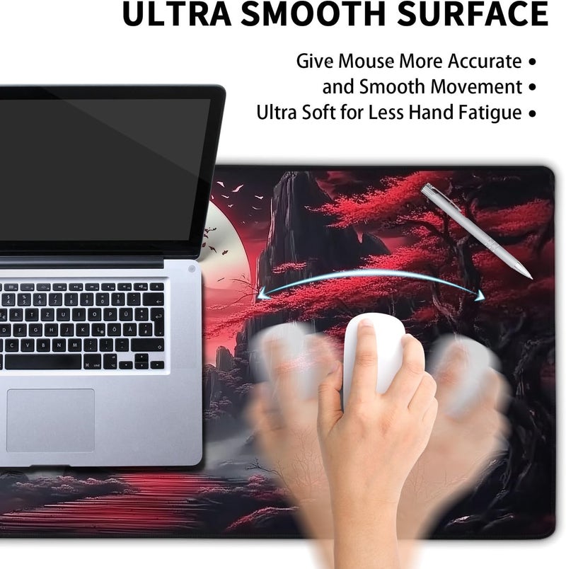 aportt Black Red Japanese Mouse Pad XL Moon Sakura Cherry BLoosm Tree Extended Table Mat 80X30 cm Non-Slip Rubber Base Stitched Edge Large XL Mousepad for Desk Gaming Laptop Desk Top,31.5×11.8 Inch - Image 4