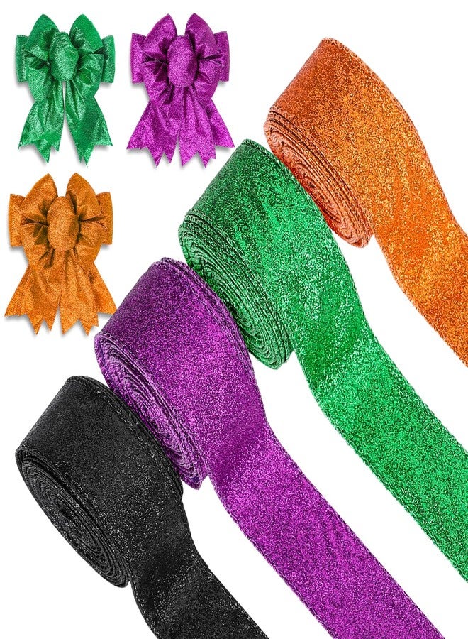 Whaline 40 Yards Halloween Glitter Wired Ribbon Green Orange Purple Black Gift Wrapping Ribbon Halloween Decorative Ribbons for Crafts Bow Wreath DIY Gift Wrapping Supplies, 4 Rolls - Image 1