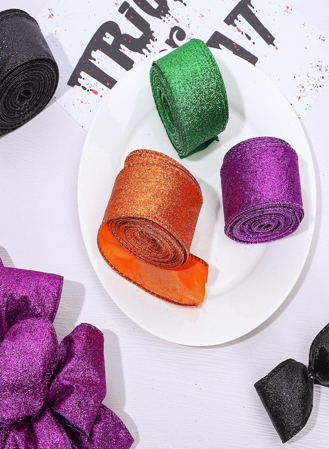 Whaline 40 Yards Halloween Glitter Wired Ribbon Green Orange Purple Black Gift Wrapping Ribbon Halloween Decorative Ribbons for Crafts Bow Wreath DIY Gift Wrapping Supplies, 4 Rolls - Image 5