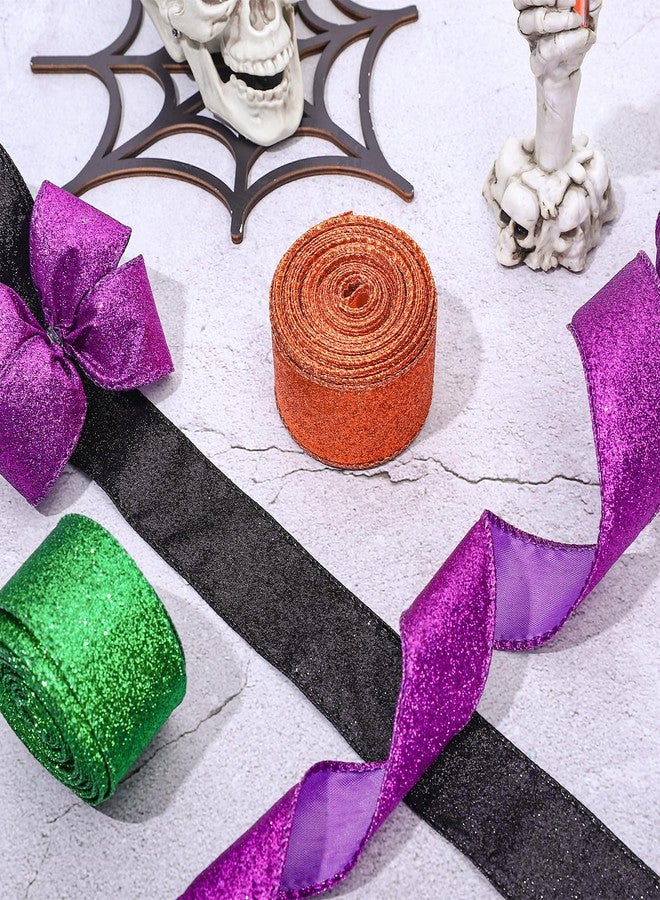 Whaline 40 Yards Halloween Glitter Wired Ribbon Green Orange Purple Black Gift Wrapping Ribbon Halloween Decorative Ribbons for Crafts Bow Wreath DIY Gift Wrapping Supplies, 4 Rolls - Image 4