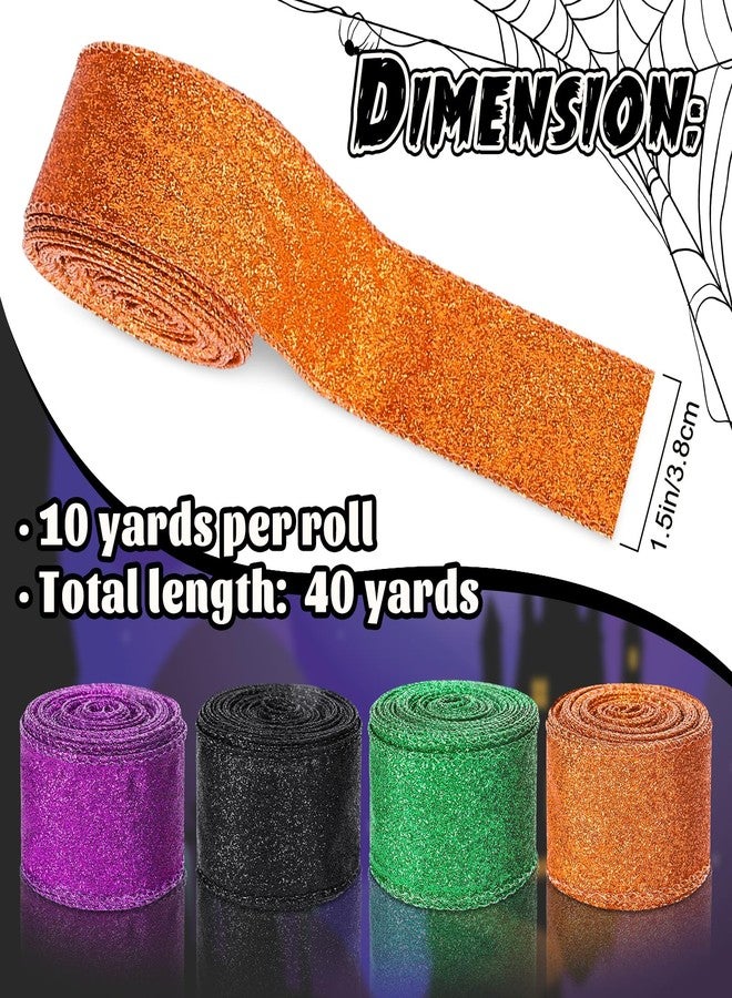 Whaline 40 Yards Halloween Glitter Wired Ribbon Green Orange Purple Black Gift Wrapping Ribbon Halloween Decorative Ribbons for Crafts Bow Wreath DIY Gift Wrapping Supplies, 4 Rolls - Image 2