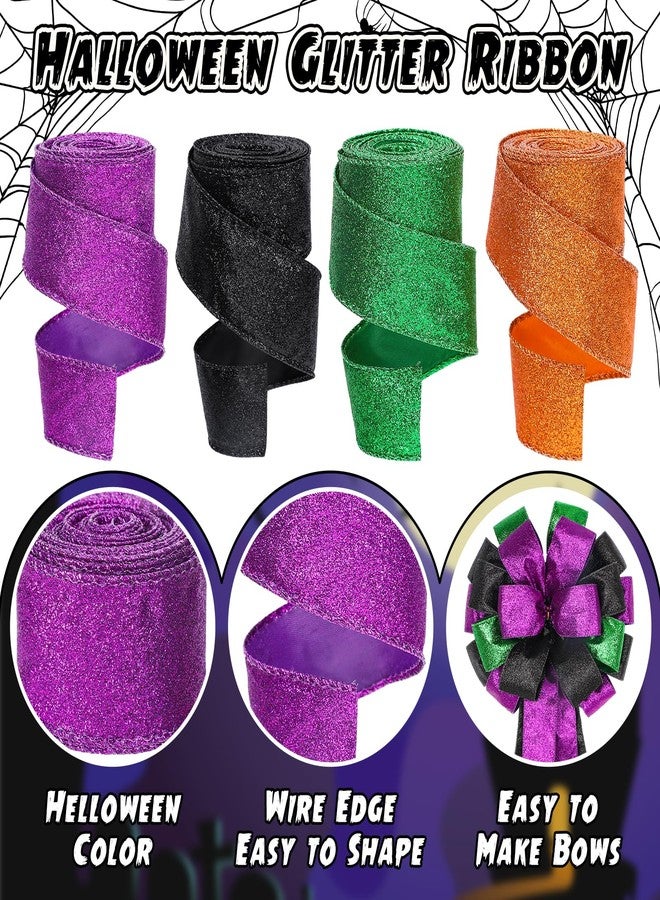 Whaline 40 Yards Halloween Glitter Wired Ribbon Green Orange Purple Black Gift Wrapping Ribbon Halloween Decorative Ribbons for Crafts Bow Wreath DIY Gift Wrapping Supplies, 4 Rolls - Image 3