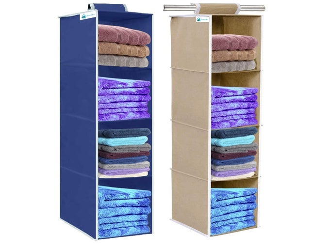 HANGING ORGANIZER 4 SHELVES NONWOVEN FOLDABLE WARDROBE ORGANISER 4 TIER PACK OF 2 1BLUE 1BEIGE