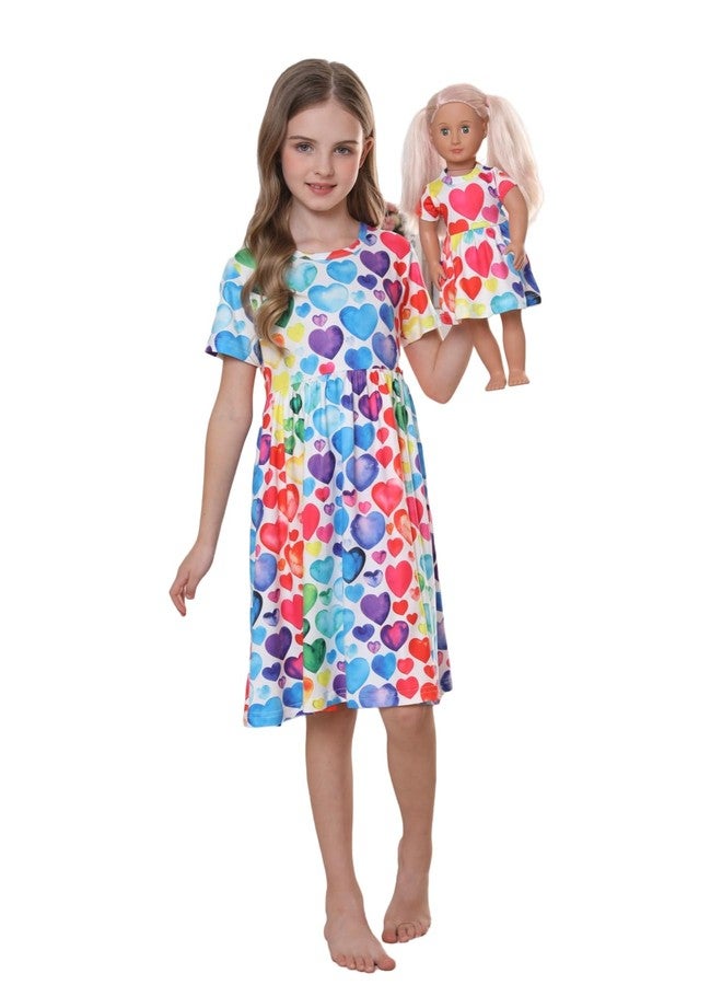 Bow Dream Girl Dress and Matching American Girl Doll Clothes for Girls Heart Shaped Print Size 110 - Image 1