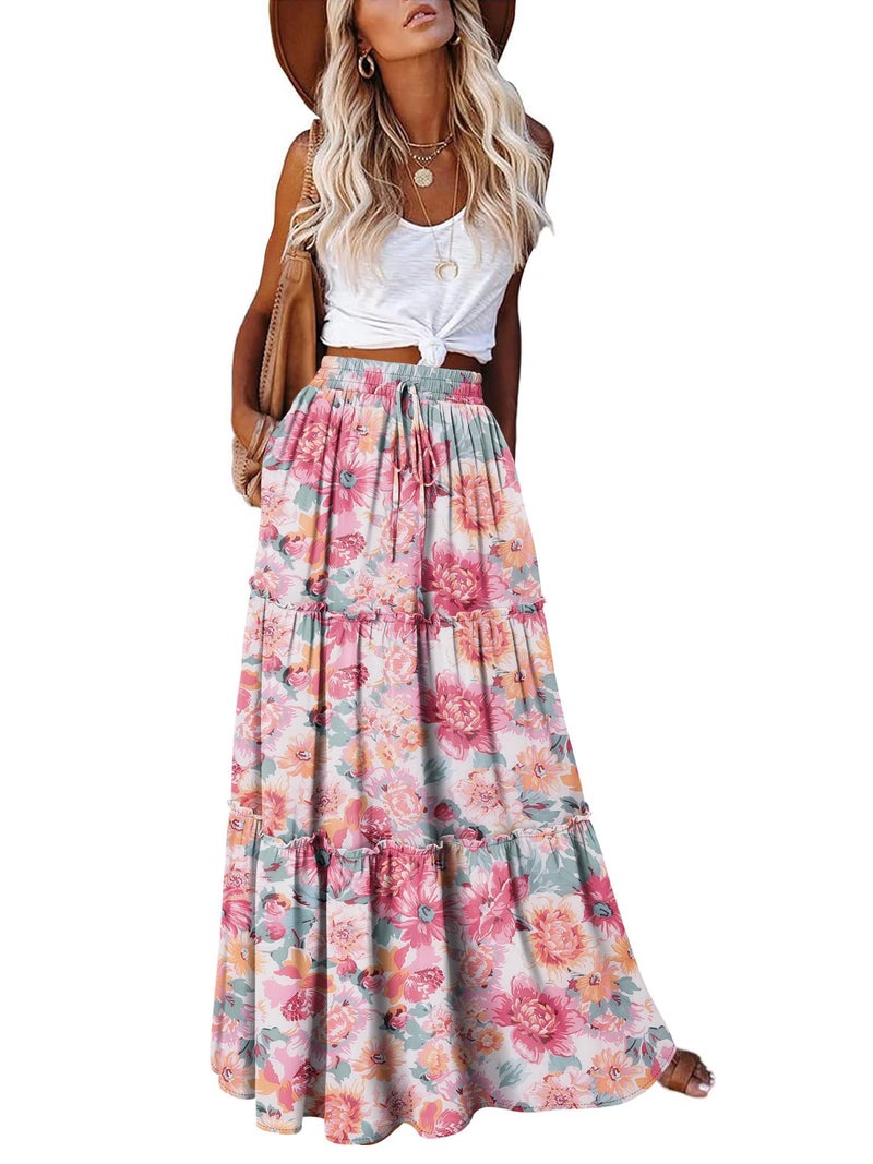 onlypuff Maxi Skirt for Women Boho Western Skirts High Waist Long Skirt with Pockets Fall Festival Outfits Clothing Peony M - Image 1