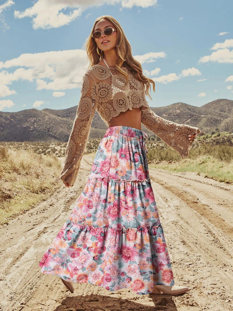 onlypuff Maxi Skirt for Women Boho Western Skirts High Waist Long Skirt with Pockets Fall Festival Outfits Clothing Peony M - Image 3
