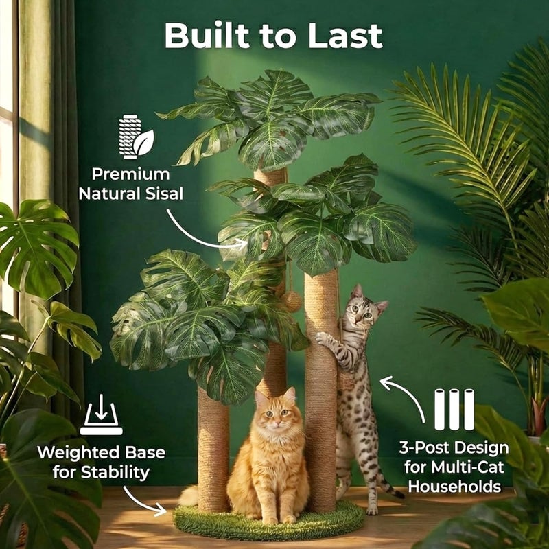 LEMONDA 31.5Inch Cat Scratching Post,Cat Scratcher Tree with 3 Scratching Poles & 2 Interactive Dangling Balls,Cats Scratching Posts for Indoor Kitten & Adult Cats - Image 2