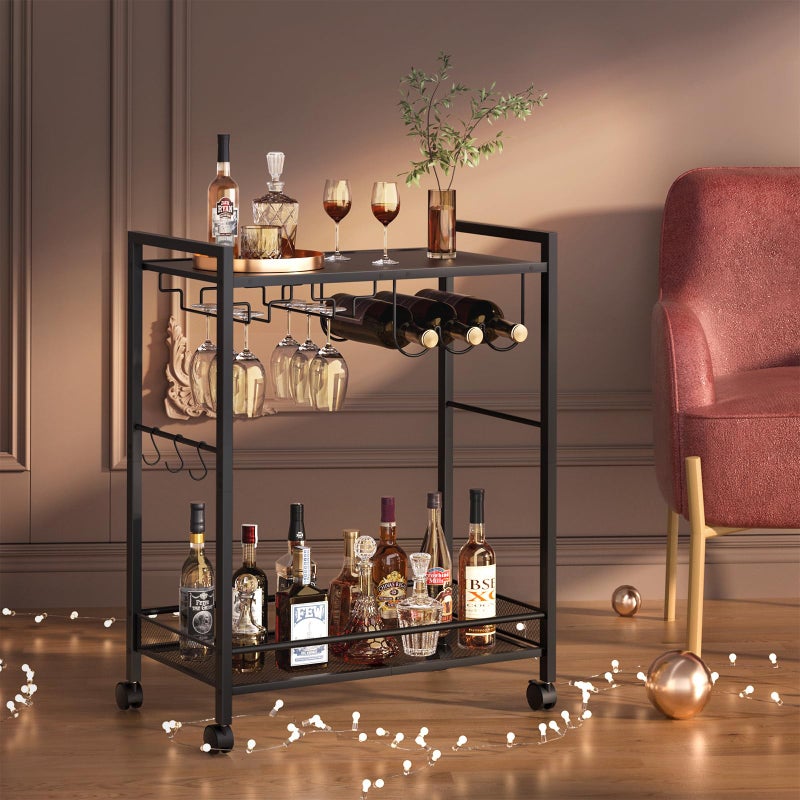 Joaxswe Bar Cart, Home Bar Serving Cart with 2-Tier Shelf,Rolling Beverage Cart with Wheels,Mobile Kitchen Shelf,Modern Wine Drink Cart with Wine Rack and Glass Holder for Kitchen,Dinning Room,Black - Image 4