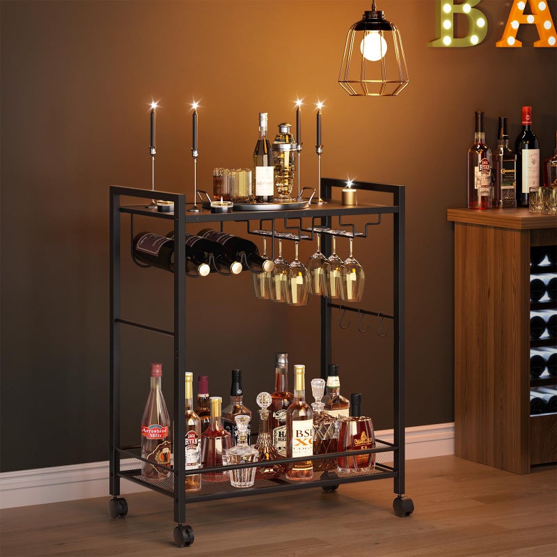 Joaxswe Bar Cart, Home Bar Serving Cart with 2-Tier Shelf,Rolling Beverage Cart with Wheels,Mobile Kitchen Shelf,Modern Wine Drink Cart with Wine Rack and Glass Holder for Kitchen,Dinning Room,Black - Image 1