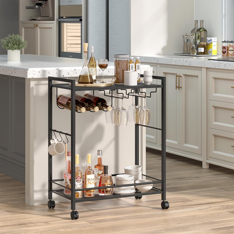 Joaxswe Bar Cart, Home Bar Serving Cart with 2-Tier Shelf,Rolling Beverage Cart with Wheels,Mobile Kitchen Shelf,Modern Wine Drink Cart with Wine Rack and Glass Holder for Kitchen,Dinning Room,Black - Image 3