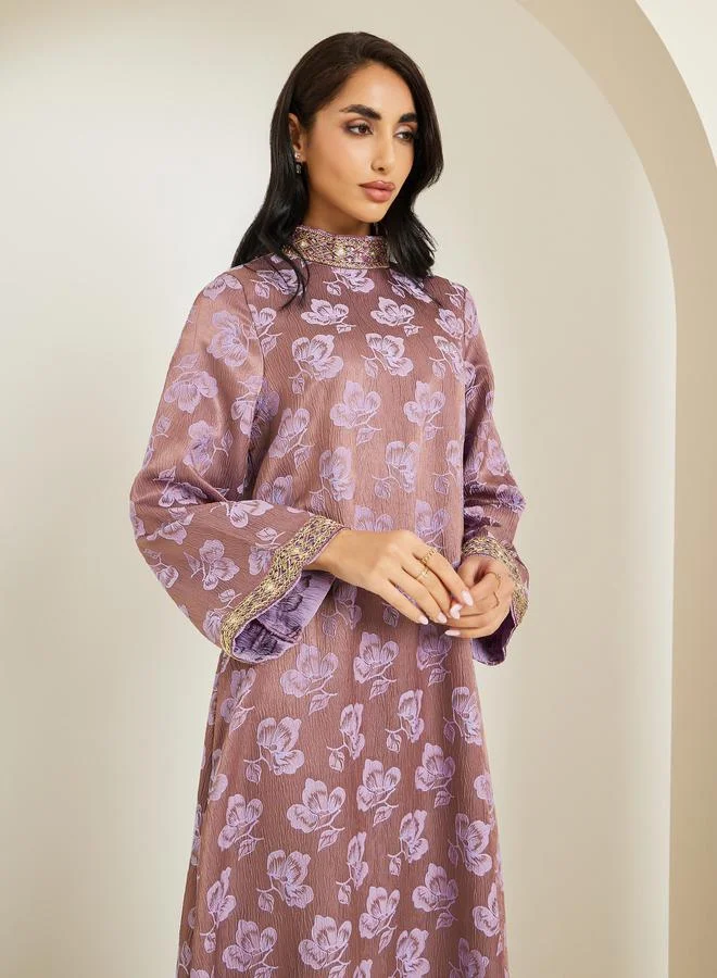 Amirah Women Stand Collar Jacquard Jalabiya With Lace Trim