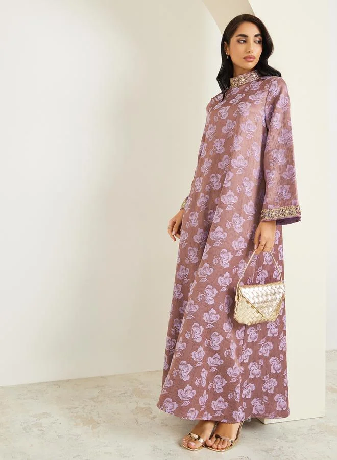 Amirah Women Stand Collar Jacquard Jalabiya With Lace Trim