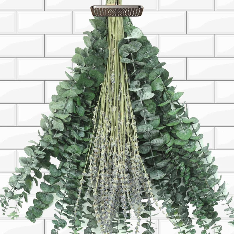 Jtoder 115 PCS Mixed Dried Eucalyptus Stems with Lavender Flowers Bundle for Shower, 17'' Natural Real Live Eucalyptus Leaves Branches Hanging Shower Plant for SPA Home Fragrance Bathroom Table Vase Decor - Image 1