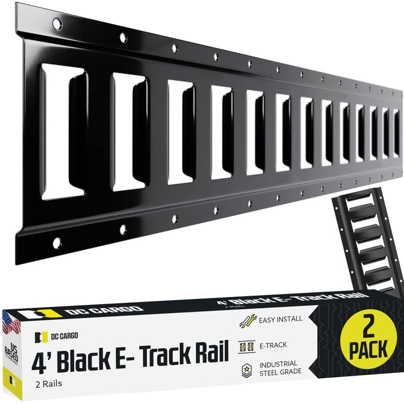 مجموعة سكة ربط DC Cargo Mall E Track 4 2 عبوة للمرائب والشاحنات والمقطورات والدراجات النارية وتركيبات ATV باللون الأسود المطلي بالمسحوق لتأمين الحمولة الثقيلة حتى 2000 رطل