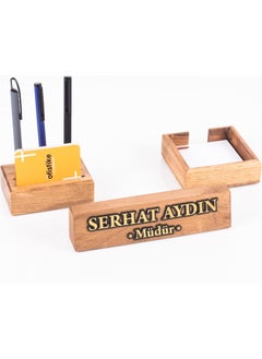 Premium Beech Table Nameplate Gift Desktop Organizer Block Nameplate Solid 3 Piece Office Desktop Set