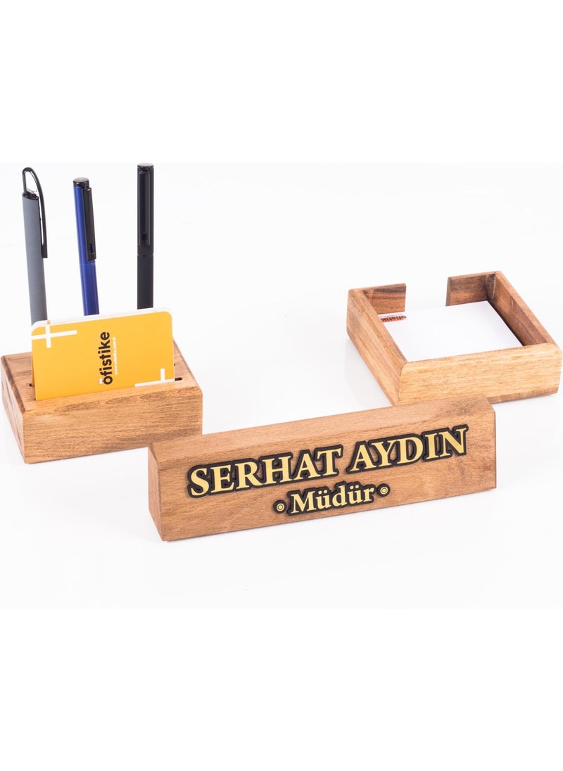 Ofistike - Premium Beech Table Nameplate Gift Desktop Organizer Block Nameplate Solid 3 Piece Office Desktop Set - Image 1