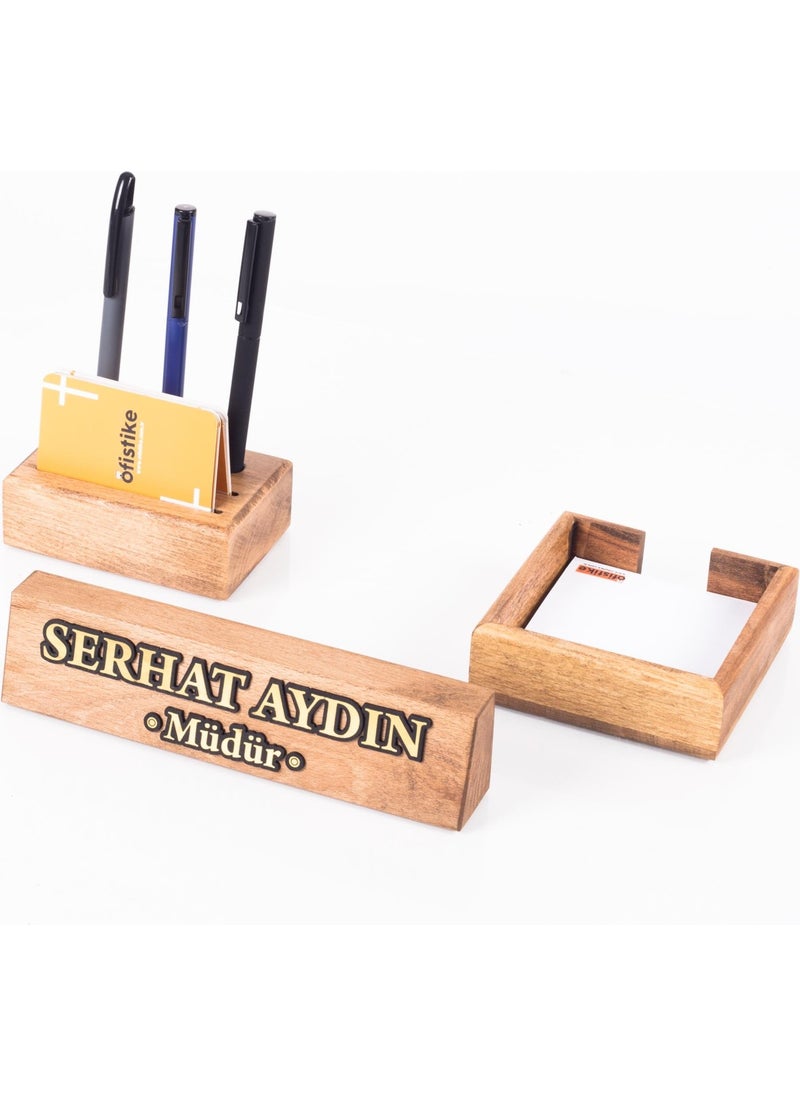 Ofistike - Premium Beech Table Nameplate Gift Desktop Organizer Block Nameplate Solid 3 Piece Office Desktop Set - Image 1
