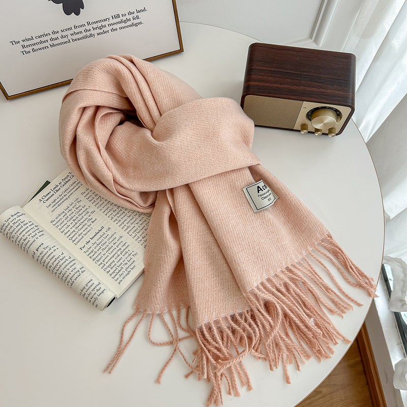Autumn and Winter New Acon Solid Color Cashmere Scarf Womens Mixed Color High-end Monochrome Shawl Japanese and Korean Students Plain Scarf 13 # lotus root pink 
