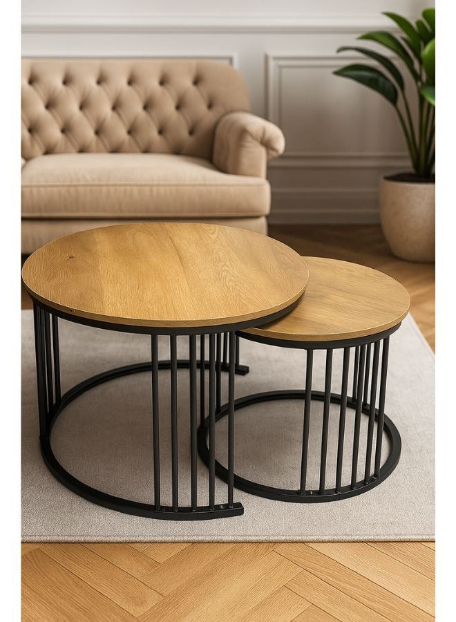 SULSHA طقم طاولات متداخلة قابلة للإزالة من 2 طاولة جانبية، طاولات قهوة دائرية مع أرجل إطار معدني أسود وسطح خشبي أبيض لغرفة المعيشة، غرفة النوم، المكتب، الشرفة، الشقة (بلوط سوناما) - Image 1