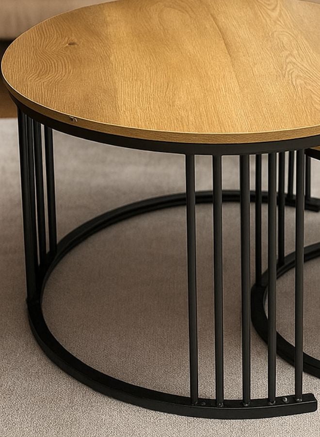 SULSHA طقم طاولات متداخلة قابلة للإزالة من 2 طاولة جانبية، طاولات قهوة دائرية مع أرجل إطار معدني أسود وسطح خشبي أبيض لغرفة المعيشة، غرفة النوم، المكتب، الشرفة، الشقة (بلوط سوناما) - Image 2