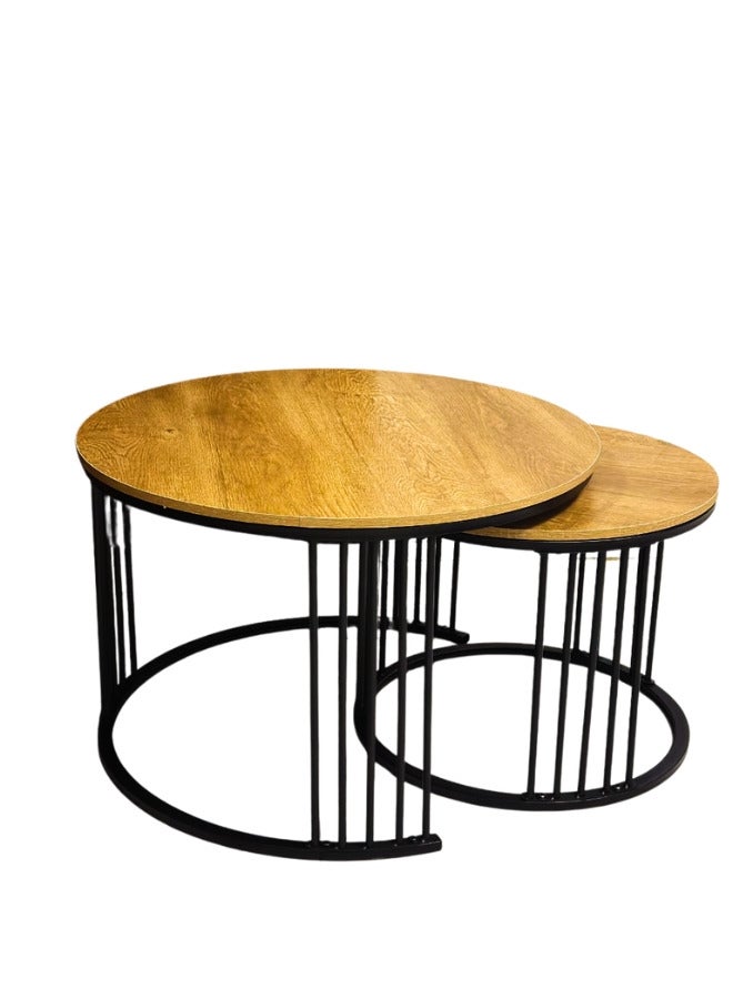 SULSHA طقم طاولات متداخلة قابلة للإزالة من 2 طاولة جانبية، طاولات قهوة دائرية مع أرجل إطار معدني أسود وسطح خشبي أبيض لغرفة المعيشة، غرفة النوم، المكتب، الشرفة، الشقة (بلوط سوناما) - Image 3