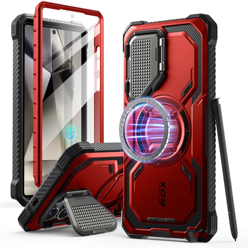 I-blason iBlason Armorbox for Samsung Galaxy S25 Ultra Case MagSafe with Camera Cover Stand Support Wireless Charger 360 FullBody Case with Screen Protector Kickstand Phone Case for S25 Ultra Red - Image 2