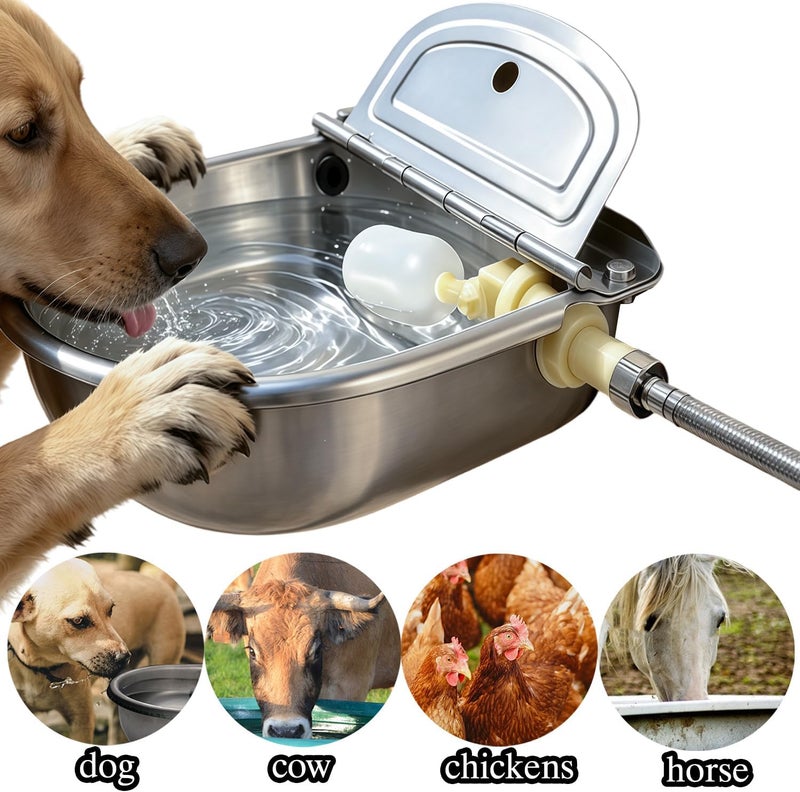 Essilnn Automatic Water Dispenser for Dog Water Bowl Dispenser Large Size Stainless-Steel Waterer Feeder Self Filling Water Trough for Poultry and Livestock (Metallic Gray, Large) - Image 2