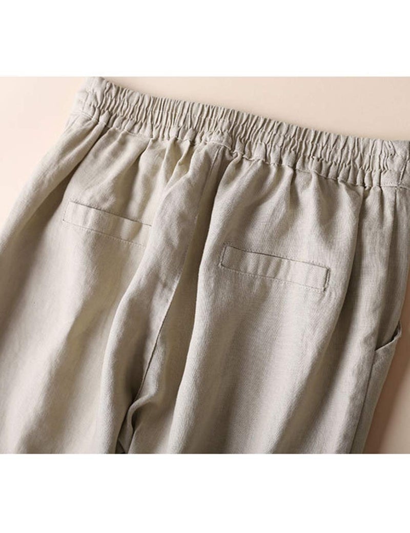 Tanming Linen Pants for Women Summer Casual High Waisted Drawstring White Beach Pant (Khaki, L) - Image 5