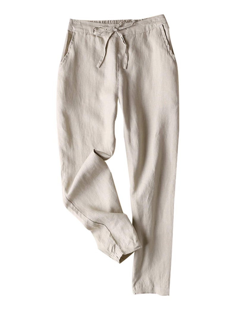 Tanming Linen Pants for Women Summer Casual High Waisted Drawstring White Beach Pant (Khaki, L) - Image 1
