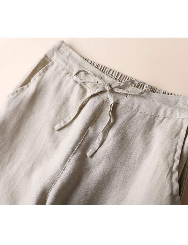 Tanming Linen Pants for Women Summer Casual High Waisted Drawstring White Beach Pant (Khaki, L) - Image 4