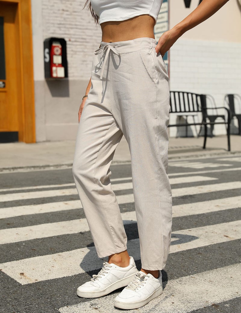 Tanming Linen Pants for Women Summer Casual High Waisted Drawstring White Beach Pant (Khaki, L) - Image 2
