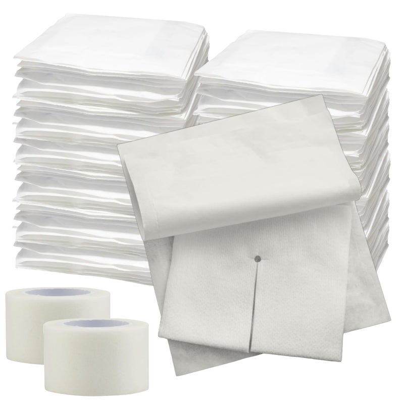 Split Drain Sponge Gauze 4x4 Sterile 6 Ply Pads Pack of 100 Absorbent Precut 4X4 NonWoven Slit Bandage for IV Tracheostomy 50 Packs of 2 Pre Cut Bandages 2 Rolls of Medical Tape