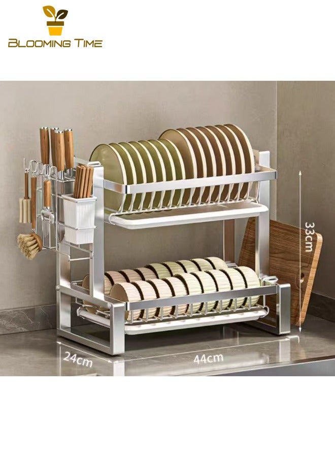 BLOOMING TIME Kitchen Storage Rack, Dish Rack, Sink Drain Rack, Stainless Steel Kitchen Dish Rack, Thickened Bowl and Chopstick Storage Rack, Countertop Multi-Layer Drain Rack, Silver - Image 1