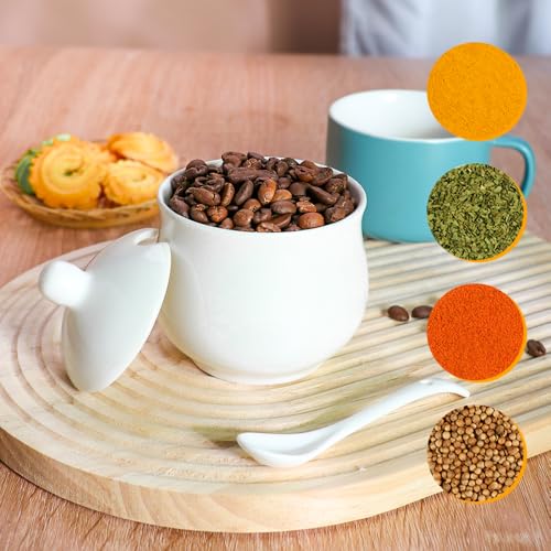 Swetwiny Ceramic Sugar Bowl with Lid and Spoon, Porcelain Salt Storage Jar, White Seasoning Container for Home and Kitchen, 7 Ounces (White) - Image 5