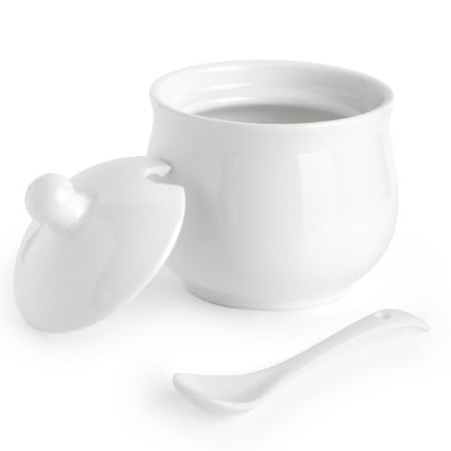 Swetwiny Ceramic Sugar Bowl with Lid and Spoon, Porcelain Salt Storage Jar, White Seasoning Container for Home and Kitchen, 7 Ounces (White) - Image 1