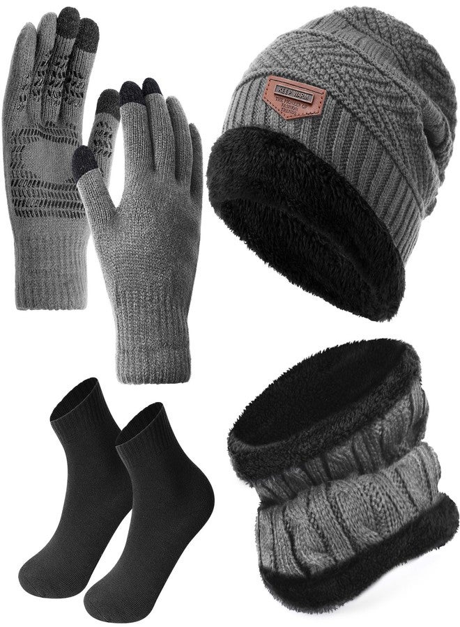 Shyyween 4 Pcs Winter Knit Beanie Hat Neck Warmer Scarf Touch Screen Gloves and Sock Set Fleece Lined Skull Cap for Men Women, Gray, One size - Image 1