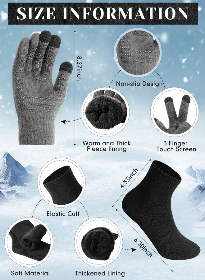 Shyyween 4 Pcs Winter Knit Beanie Hat Neck Warmer Scarf Touch Screen Gloves and Sock Set Fleece Lined Skull Cap for Men Women, Gray, One size - Image 3