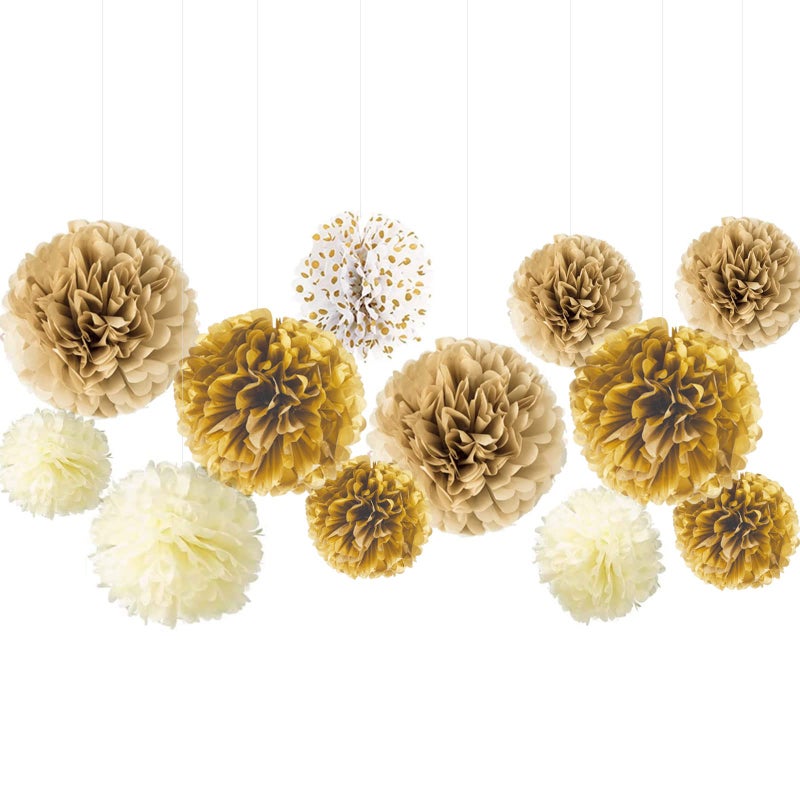 YESON White Gold Champagne Tissue Paper Pom Poms Hanging Tissue Flowers Poms Decorations Pack of 12 for Wedding Birthday Baby Shower Party Backdrop Decor ect 12 10 8 Tissue Paper Flowers