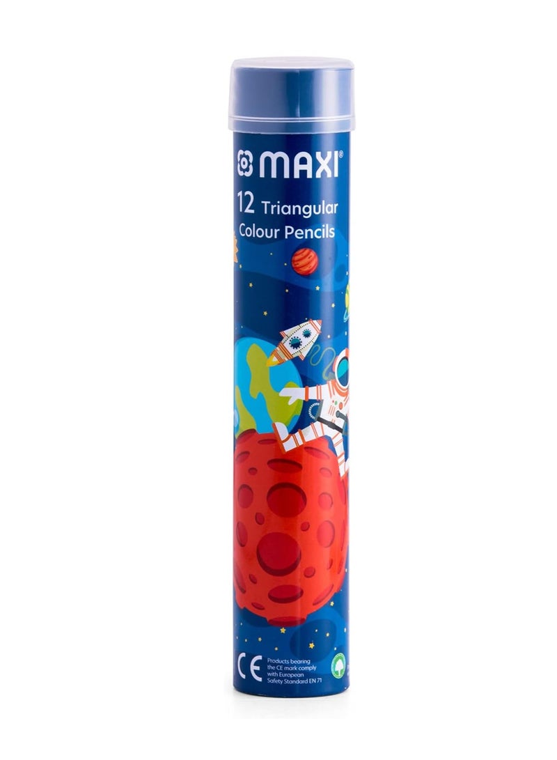 MAXI TRIANGULAR COLOUR PENCILS 12 COLOUR IN A ROUND METAL TIN, 2 TIN PACK OF 24 PCS PENCILS - Image 2