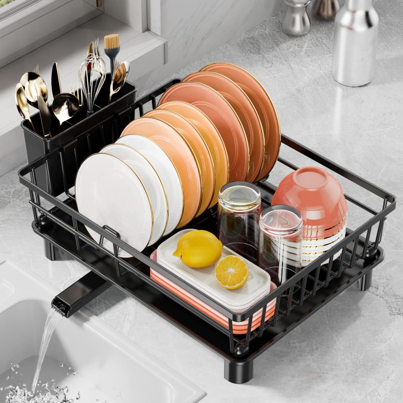 LIONONLY Dish Drying Rack for Kitchen Counter, Stainless Steel Drainer Anti Rust, Smart Drainage System Drainboard with Detachable Cutlery Holder, Handwash Dish Helper for Home, Apartment Space Saving - Image 1