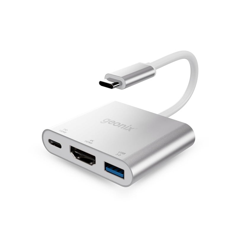 GEONIX Befit HD3 Type-C to 3-in-1 Multiport Adapter | 100W PD Fast Charging | 4K HDMI @30Hz | USB 3.0 5Gbps | Aluminum Alloy Hub for MacBook, Windows, Chromebook, iPad Pro & More | Silver - Image 1