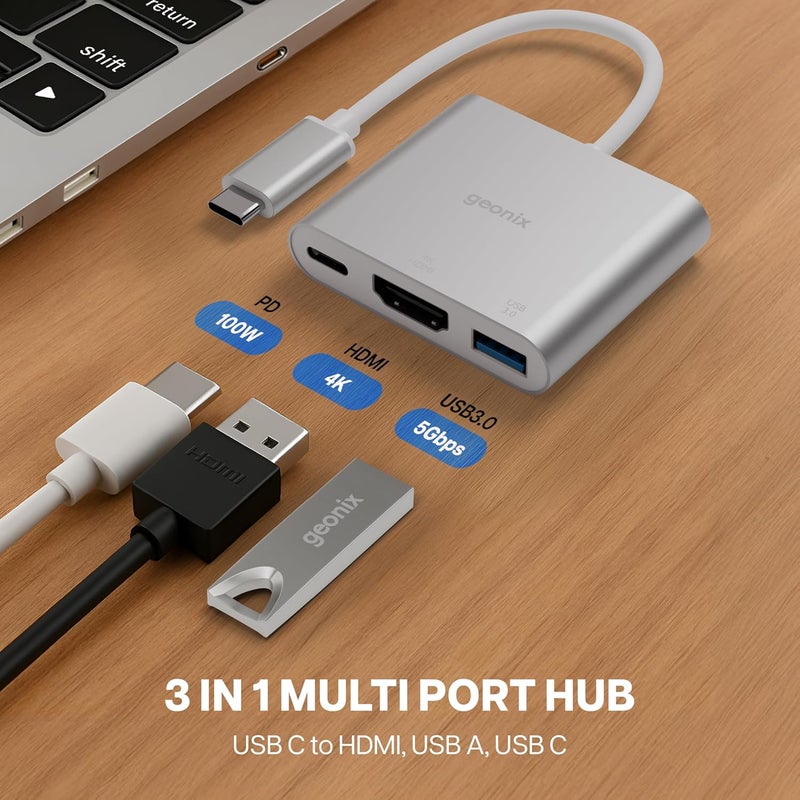 GEONIX Befit HD3 Type-C to 3-in-1 Multiport Adapter | 100W PD Fast Charging | 4K HDMI @30Hz | USB 3.0 5Gbps | Aluminum Alloy Hub for MacBook, Windows, Chromebook, iPad Pro & More | Silver - Image 3
