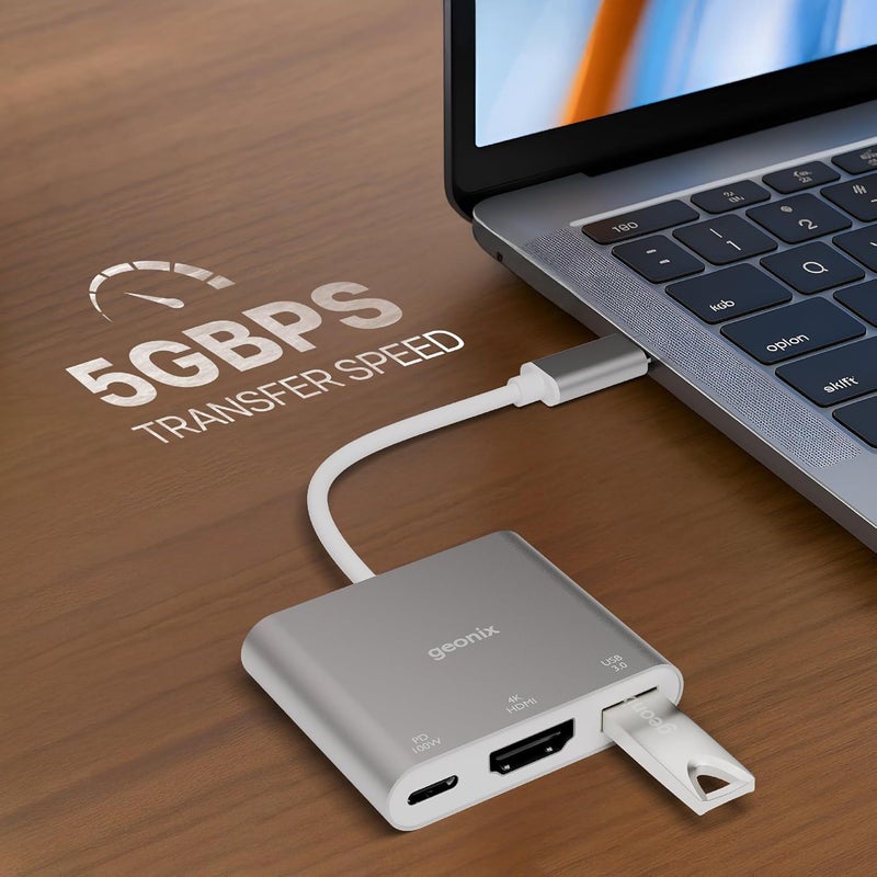 GEONIX Befit HD3 Type-C to 3-in-1 Multiport Adapter | 100W PD Fast Charging | 4K HDMI @30Hz | USB 3.0 5Gbps | Aluminum Alloy Hub for MacBook, Windows, Chromebook, iPad Pro & More | Silver - Image 5