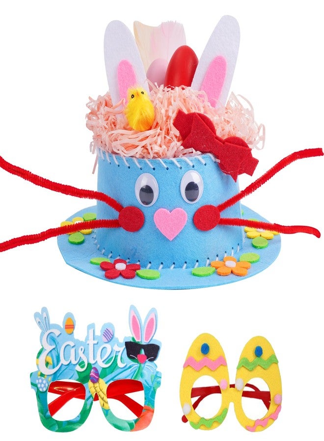 Yushanju Easter Crafts Kits Eyeglasses DIY Hat Kit Easter Chick Bunny Egg for Hats Party Supplies Game Decorations Cartoon Cap Gifts Photo Props(Blue) - Image 1