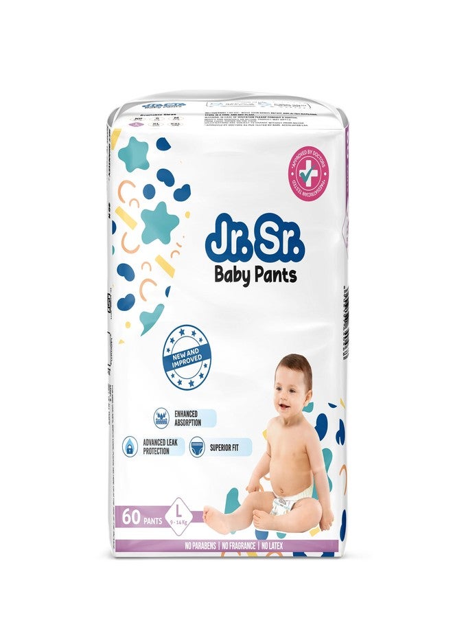 Jr. Sr. Baby Diaper Pants | Large (L) Size (9-14 kg), 60 Count | Pack of 1 | Upto 12 hr Absorption with Advanced Leak Protection | Safe For Babies Skin | Soft, Secure & Comfy - Image 1