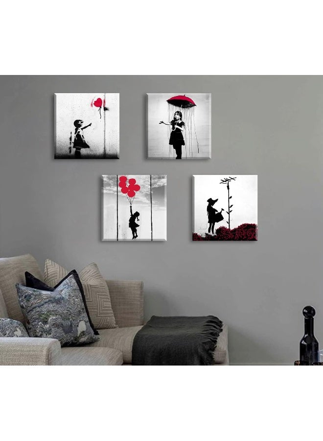 DJSYLIFE Banksy Canvas Wall Art Girl with Red Balloon Street Graffiti Wall Decor There is Always Hope Nola Abstract Artwork Black and Grey Modern Home Office Decorations 12" W x 12" H 4 Pieces - Image 4