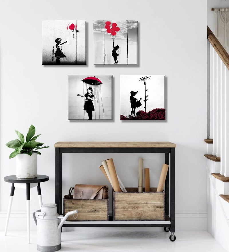 DJSYLIFE Banksy Canvas Wall Art Girl with Red Balloon Street Graffiti Wall Decor There is Always Hope Nola Abstract Artwork Black and Grey Modern Home Office Decorations 12" W x 12" H 4 Pieces - Image 5