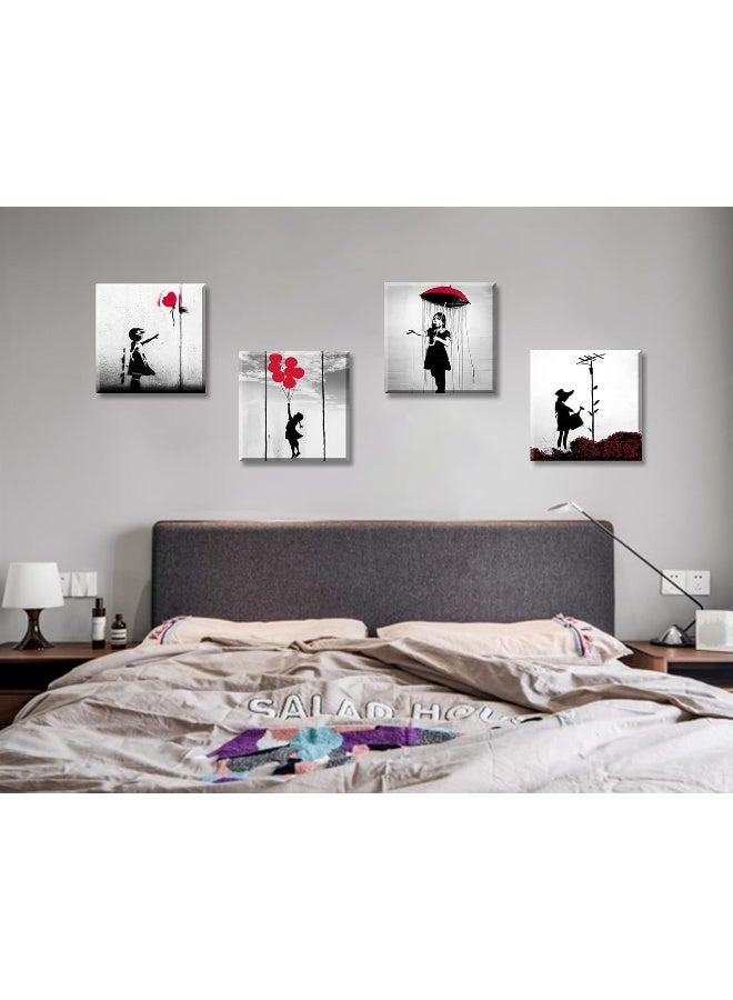 DJSYLIFE Banksy Canvas Wall Art Girl with Red Balloon Street Graffiti Wall Decor There is Always Hope Nola Abstract Artwork Black and Grey Modern Home Office Decorations 12" W x 12" H 4 Pieces - Image 2