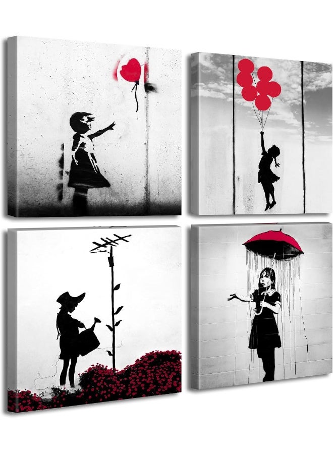 DJSYLIFE Banksy Canvas Wall Art Girl with Red Balloon Street Graffiti Wall Decor There is Always Hope Nola Abstract Artwork Black and Grey Modern Home Office Decorations 12" W x 12" H 4 Pieces - Image 1